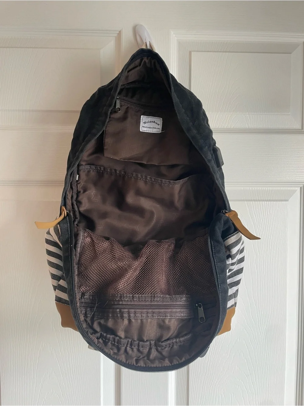 Striped Canvas Backpack in Black and Tan